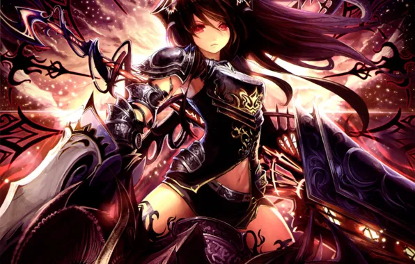 Картинка девушка, оружие, меч, аниме, арт, рога, броня, tachikawa mushimaro