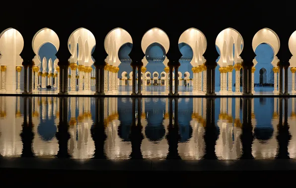Вода, огни, вечер, освещение, колонны, мечеть, арки, архитектура