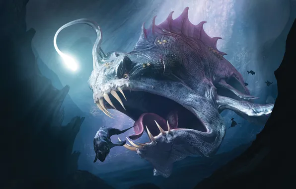 Картинка predator, energy, darkness, teeth, prey, own light, scary fish