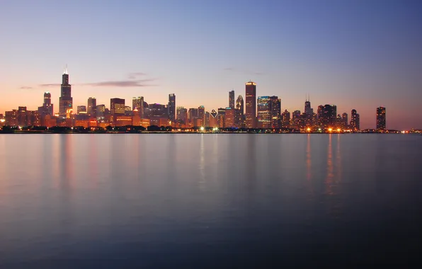 Картинка city, город, вечер, USA, Chicago, Illinois, панорамма