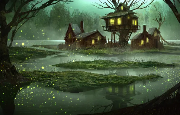 Картинка лес, вода, дом, фантазия, болото, сказка, вечер, арт