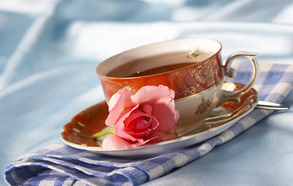 Цветок, чай, роза, чаепитие, чашка, салфетка