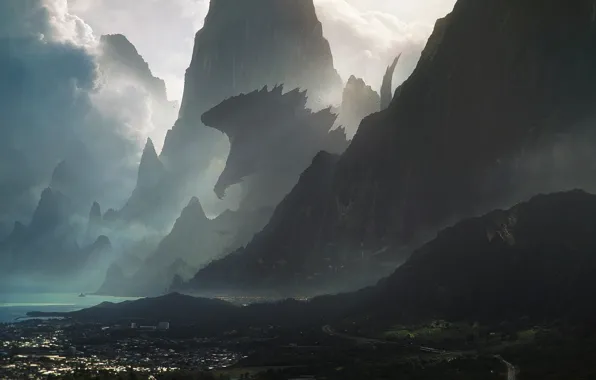 Картинка горы, город, фантастика, скалы, монстр, гигант, hawaii, godzilla