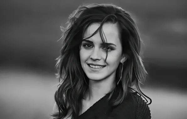 Взгляд, девушка, улыбка, фото, волосы, актриса, черно-белое, Emma Watson