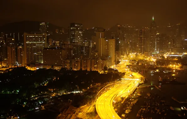 China, Дорога, Гонконг, Огни, Ночь, Панорама, Здания, Китай