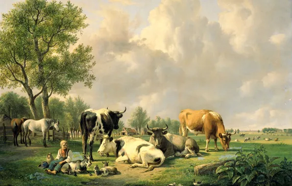 Картинка животные, масло, картина, холст, Jan van Ravenswaay, Луг с Крупным Рогатым Скотом