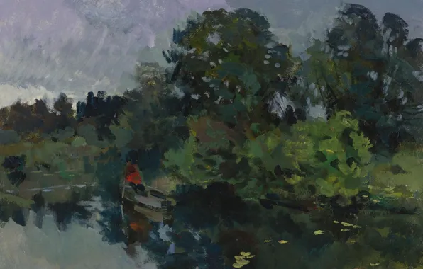 Деревья, пейзаж, лодка, картина, Константин Коровин, На озере с лилиями