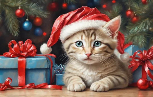 Кошка, взгляд, шарики, ветки, поза, котенок, рисунок, котик