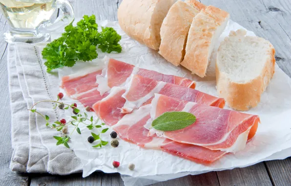 Зелень, хлеб, бекон, специи, meat, bacon