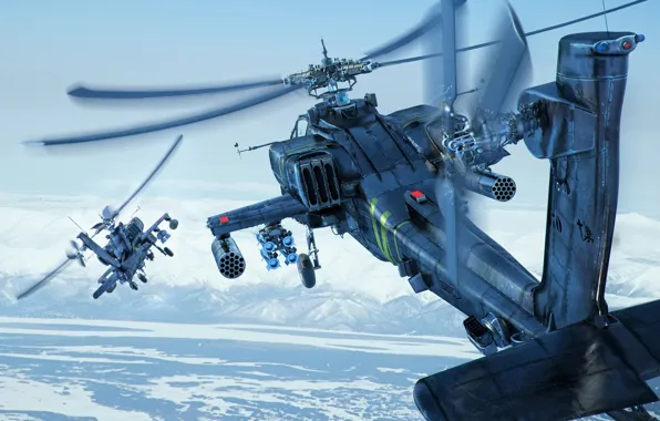 Небо, снег, горы, земля, вертолеты, Boeing, боевые, Apache