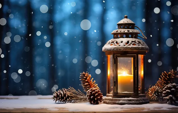 Картинка зима, снег, ночь, Рождество, фонарь, Новый год, Christmas, night