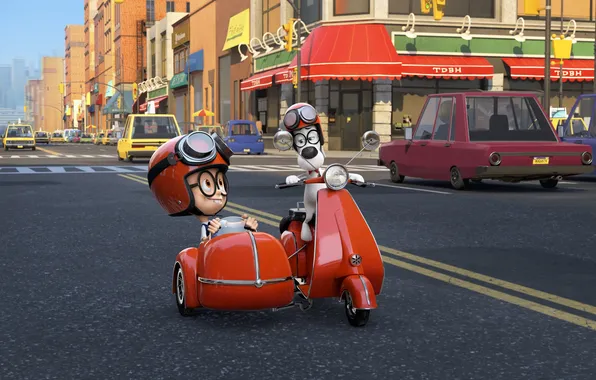 Картинка дорога, улица, мультфильм, дома, очки, мотоцикл, шлем, Sherman