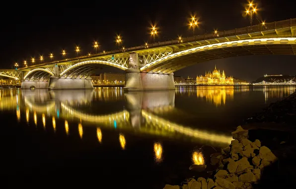 Ночь, огни, река, Парламент, Венгрия, Будапешт, Дунай, мост Маргит