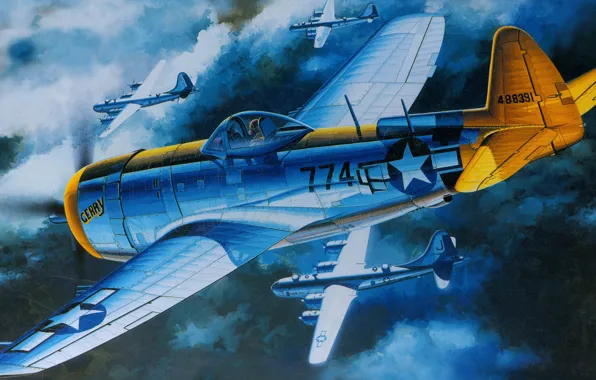 Рисунок, арт, Boeing, Superfortress, Thunderbolt, сопровождение, ВВС США, истребитель-бомбардировщик