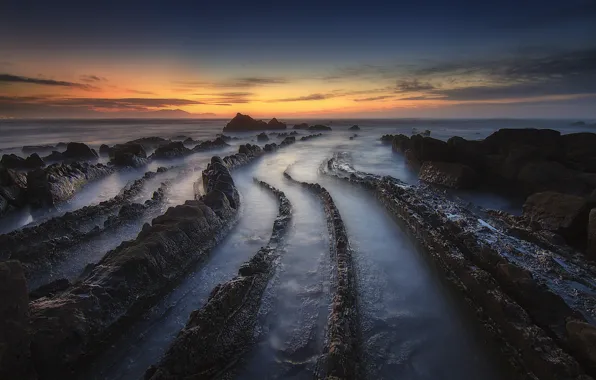 Картинка океан, скалы, рассвет, Barrika Beach