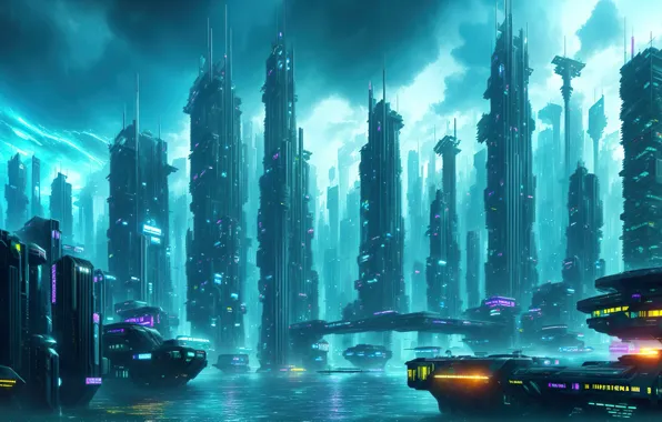 City, future, landscape, art, fantastic, cyberpunk, digital art, Futuristic