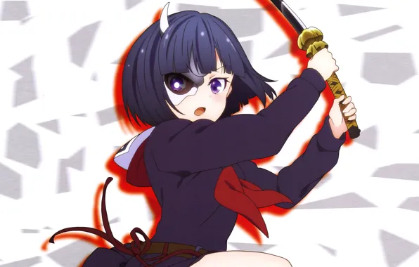 Girl, sword, anime, katana, ken, blade, mask, seifuku