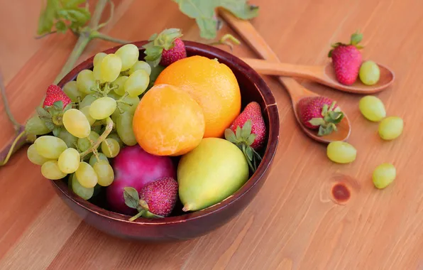 Листья, ягоды, апельсин, клубника, виноград, груша, фрукты, ложки