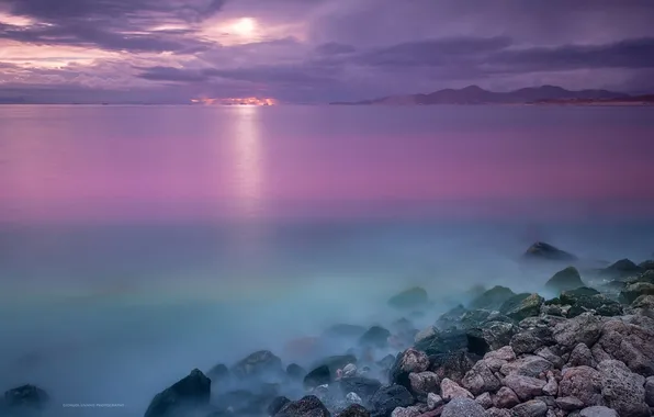 Картинка море, свет, камни, луна, вечер, выдержка