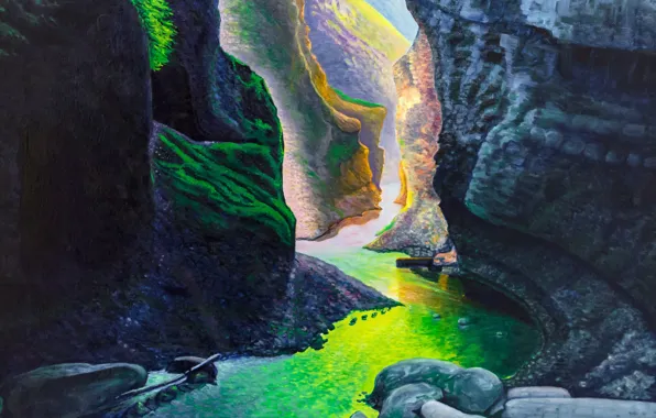 Картинка трава, вода, свет, горы, камни, скалы, речка