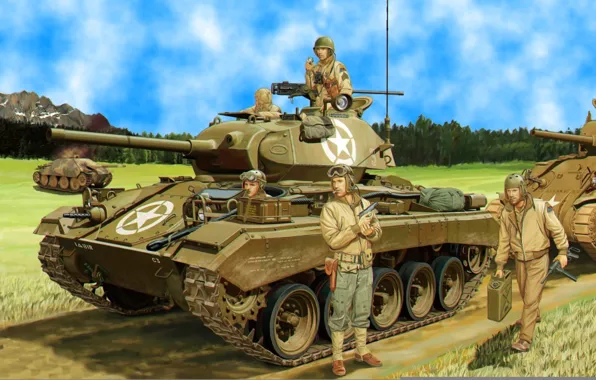 War, art, painting, tank, ww2, M24 chaffee