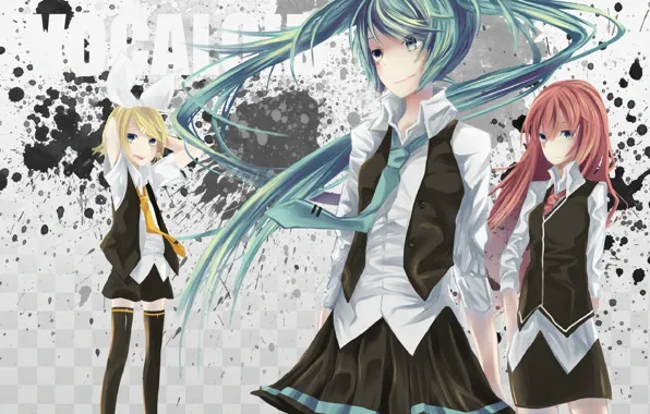 Девушки, галстук, форма, vocaloid, megurine luka, kagamine rin, вокалоид, мику хатсуне
