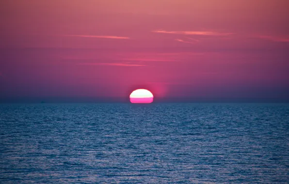 Картинка море, небо, солнце, закат, зарево