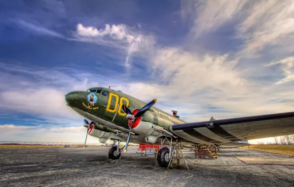 Картинка небо, самолёт, аэродром, Douglas C-47 Skytrain