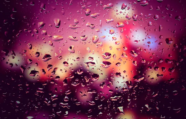 Картинка стекло, вода, капли, lights, огни, дождь, rain, night