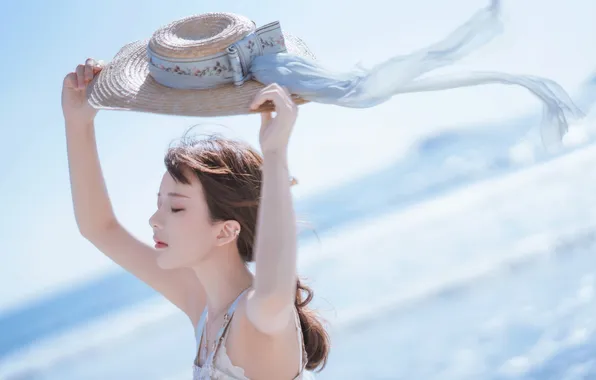 Beautiful, Asian, Model, Coast, Beach, Water, Woman, Ocean
