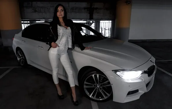 Картинка взгляд, Девушки, BMW, красивая девушка, Валерия, белый авто, позирует над машиной