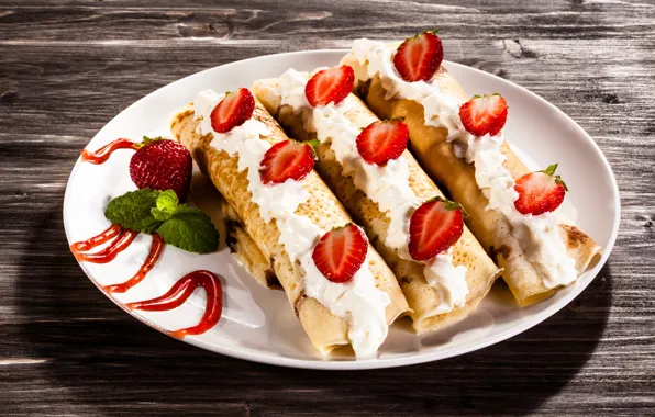 Еда, клубника, блины, крем, десерт, сладкое, сироп, pancakes