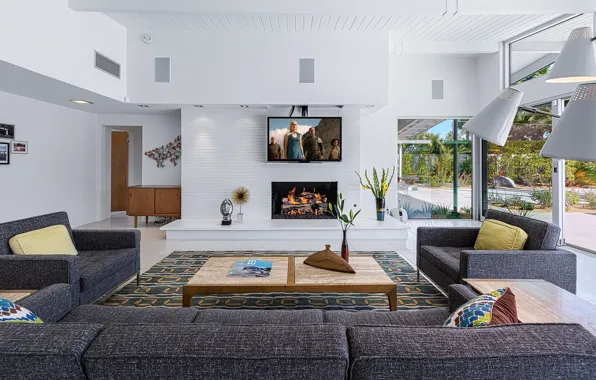 Дизайн, интерьер, камин, ретро стиль, гостиная, Midcentury Home, by H3K Design, high garden