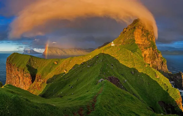 Скала, радуга, Фарерские острова, остров Кальсой