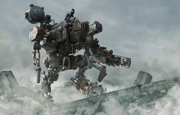 Город, фантастика, робот, арт, руины, mech