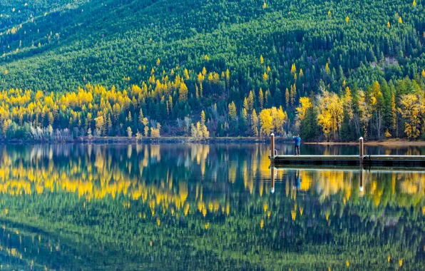 Осень, лес, вода, деревья, горы, озеро, отражение, человек