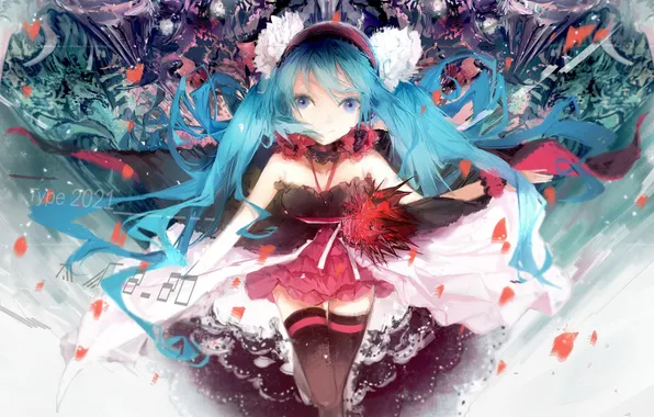 Девушка, аниме, лепестки, арт, vocaloid, hatsune miku, sayuki
