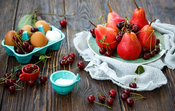 Ягоды, яйца, тарелка, фрукты, лоток, груши, вишни, Julia Khusainova