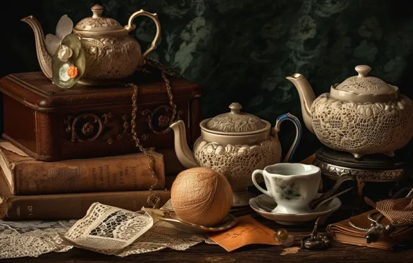 Клубок, стол, чай, книги, чашка, шкатулка, напиток, натюрморт
