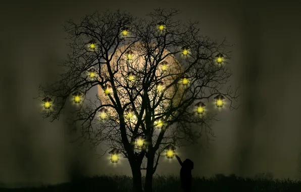 Картинка ночь, лампы, дерево