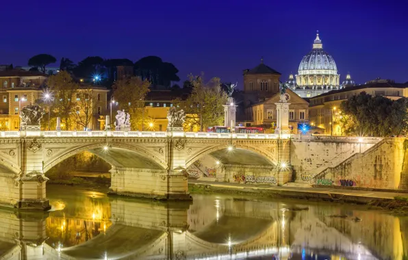 Картинка ночь, мост, огни, река, Рим, Италия, Собор Святого Петра, Тибр