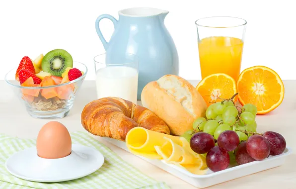 Картинка апельсин, завтрак, сыр, киви, молоко, клубника, сок, виноград