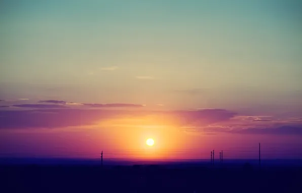 Road, sky, landscape, nature, Sunset, clouds, sun, pole