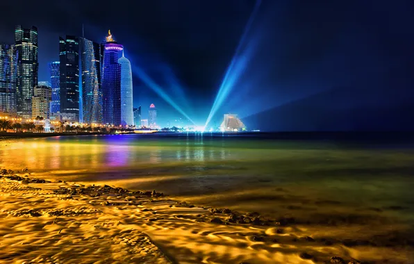 Пляж, ночь, город, Qatar, Doha