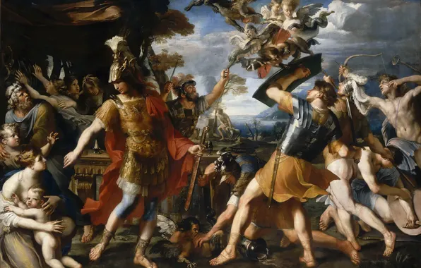 Масло, картина, холст, французский живописец, «Эней с аргонавтами, Франсуа Перье, сражающиеся с гарпиями»