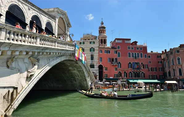 Картинка мост Риальто, дома, Венеция, Италия, канал, лодка, гондола
