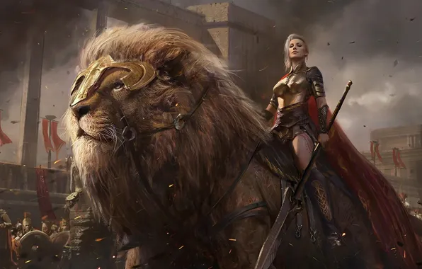 Картинка Fantasy, Warrior, Female, Lion, Army