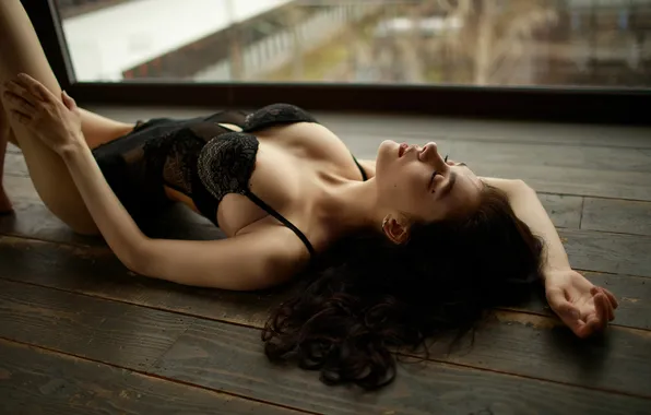Девушка, ass, bodysuit, model, window, brunette, hips, red lipstick