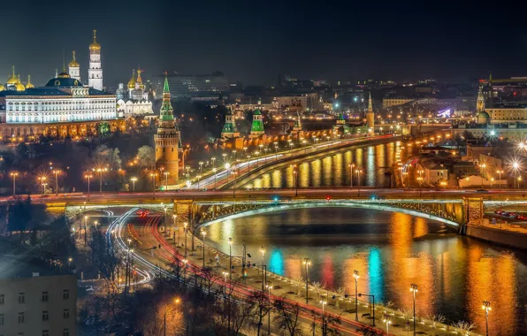 Дорога, мост, река, фонари, Москва, Кремль, Россия, ночной город