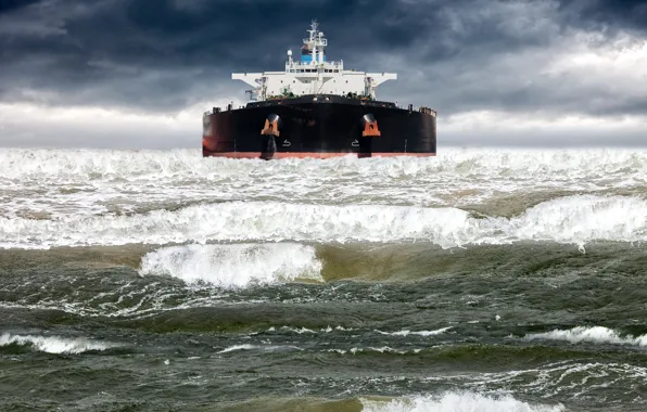 Море, волны, небо, тучи, корабль, танкер, штормит